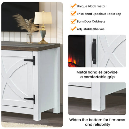 58" Farmhouse TV Stand with 18" Insert Electric Fireplace for Living Room Rustic White Brown Grey Finish PARROT UNCLE MDF Laminate Construction Modern Appeal Christmas Halloween