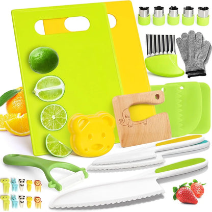 28PCS Toddler Knife Set - Kids Knifes for Real Cooking, Montessori Kids Kitchen Knife Set with Cutting Board Crinkle Cutters Kid Safe Knives, Toddlers Kitchen Tools for Girl Boy