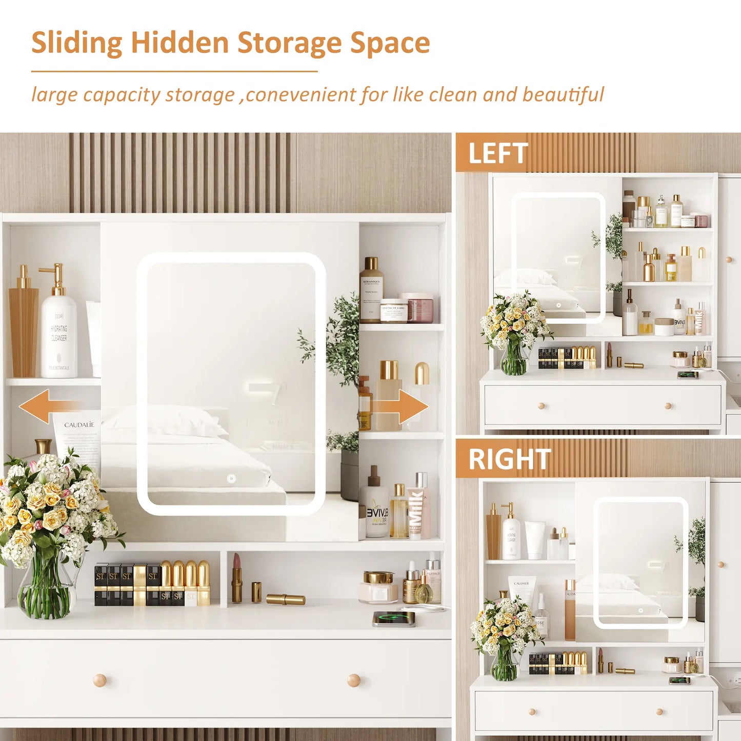 Modern LED Vanity Table with Mirror and Lights, Makeup Vanity Desk with 3 Drawers and Cabinets for Ample Storage by Vabches 