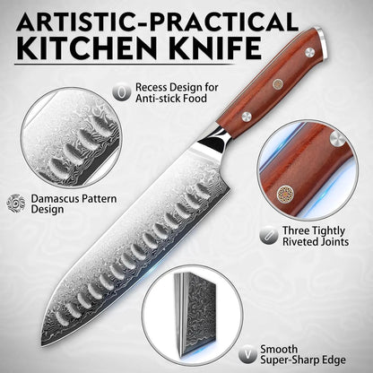 Purple Dragon Damascus Santoku Knife 7 Inch, VG10 Steel Japanese Chef Knife for Kitchen Cooking Meat Cleaver, Cutting Vegetables and Fruit, Gift Box
