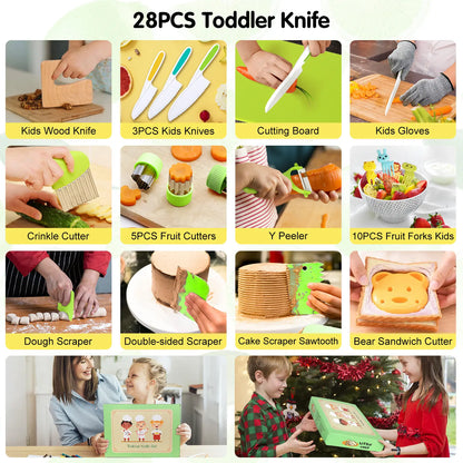 28PCS Toddler Knife Set - Kids Knifes for Real Cooking, Montessori Kids Kitchen Knife Set with Cutting Board Crinkle Cutters Kid Safe Knives, Toddlers Kitchen Tools for Girl Boy