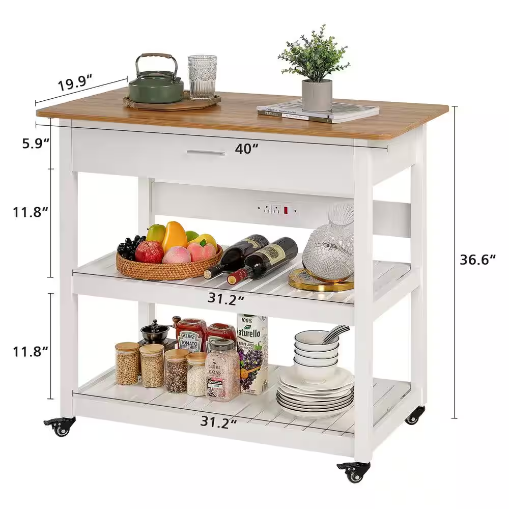 Kitchen Island Cart on Wheels, 40 In. Rolling Utility Cart with Power Strip, White Wood Top Shelves for Kitchen Storage