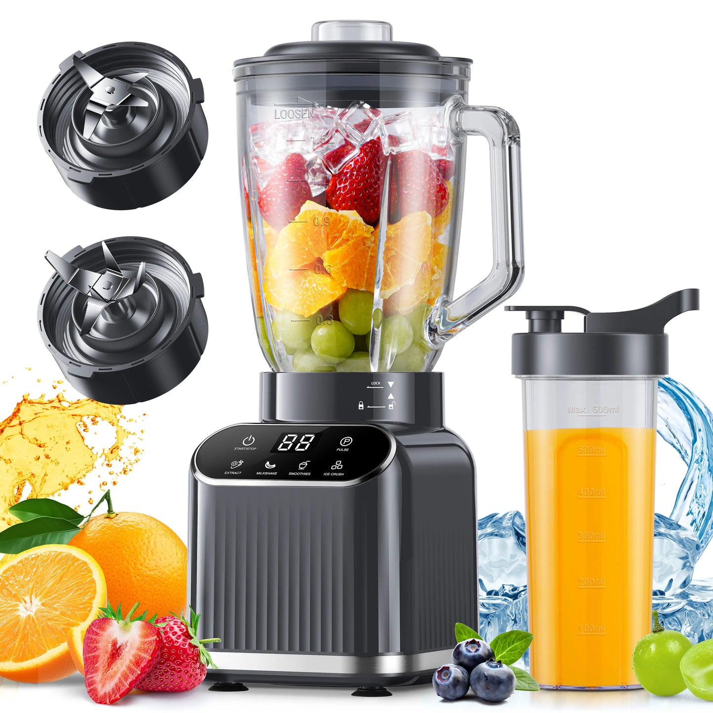 Professional Blender for Kitchen, 1200 Peak Watts Smoothie Blender, 5 Functions for Ice Crushing & Frozen Fruit, 52 Oz Glass Jar & 24 Oz To-Go Cup Combo, Self-Cleaning, Black Summervibes Powerful Juicer Machine Home Multifunction Juicer