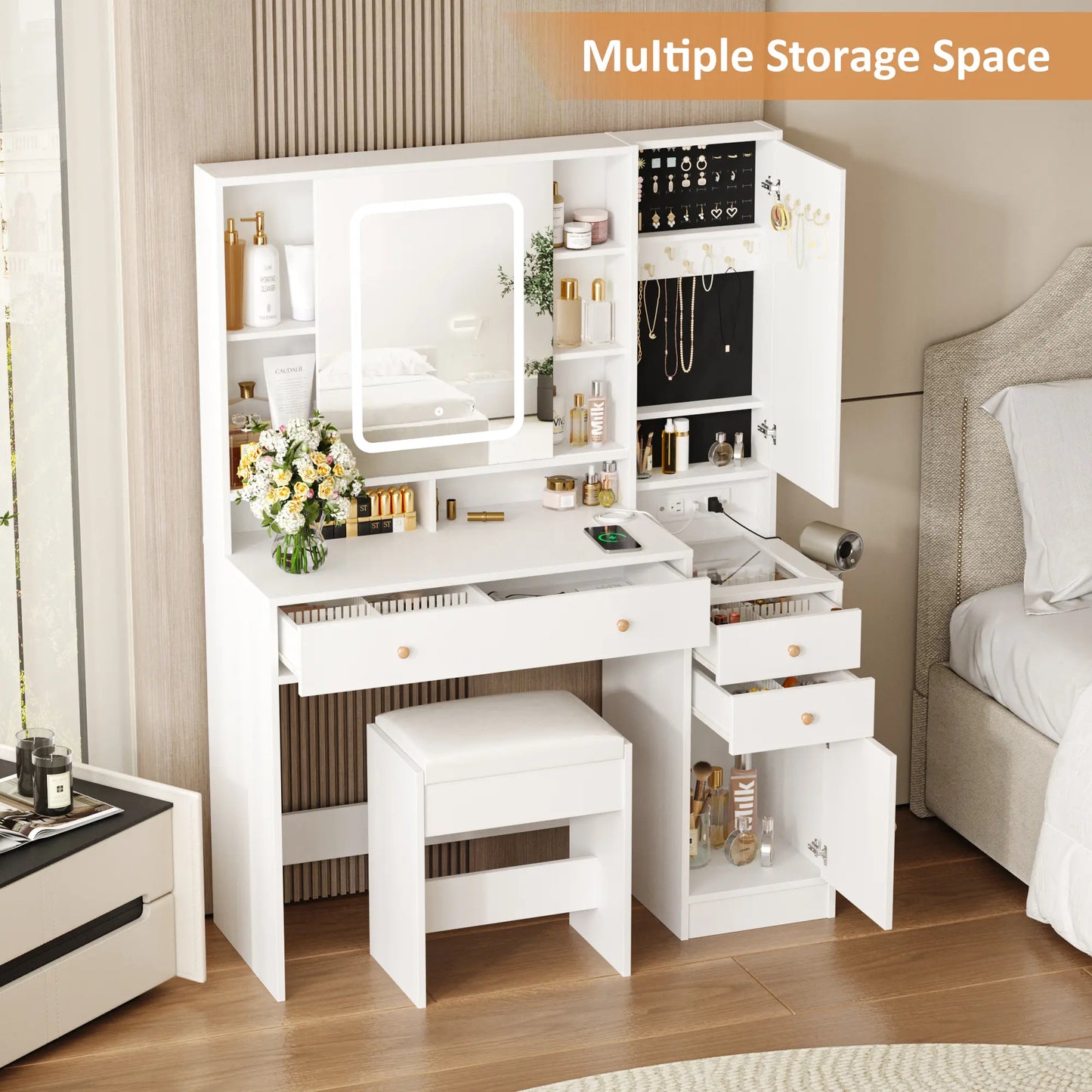 Modern LED Vanity Table with Mirror and Lights, Makeup Vanity Desk with 3 Drawers and Cabinets for Ample Storage by Vabches 