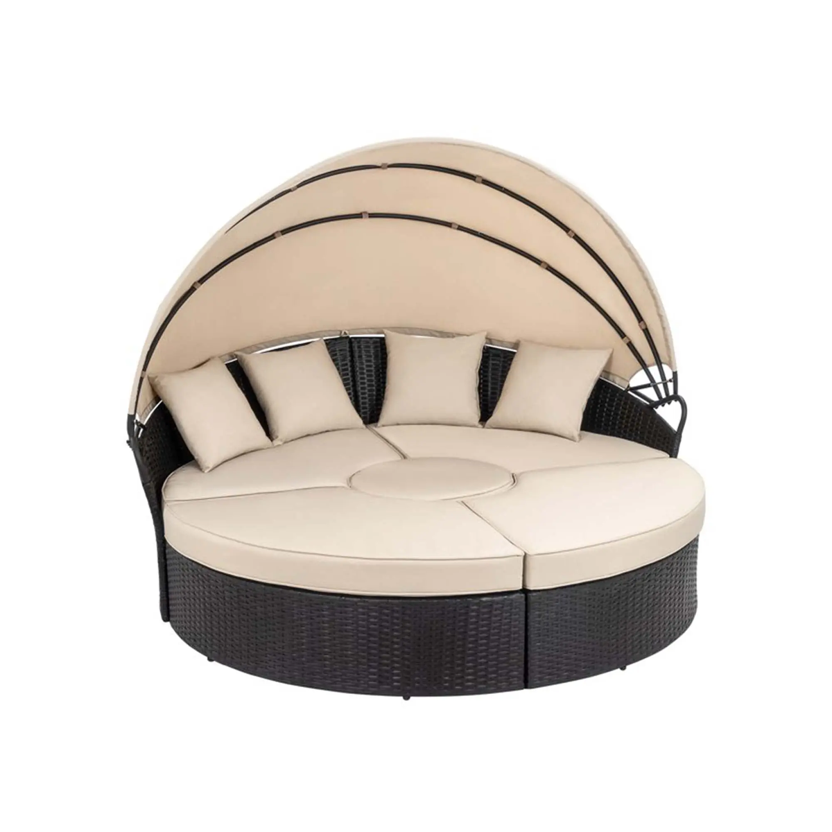 Walsunny Outdoor round Daybed with Retractable Canopy Wicker Rattan Separated Seating Sectional Sofa for Lawn Garden Backyard Porch Patio Furniture 