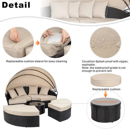 Walsunny Outdoor round Daybed with Retractable Canopy Wicker Rattan Separated Seating Sectional Sofa for Lawn Garden Backyard Porch Patio Furniture 