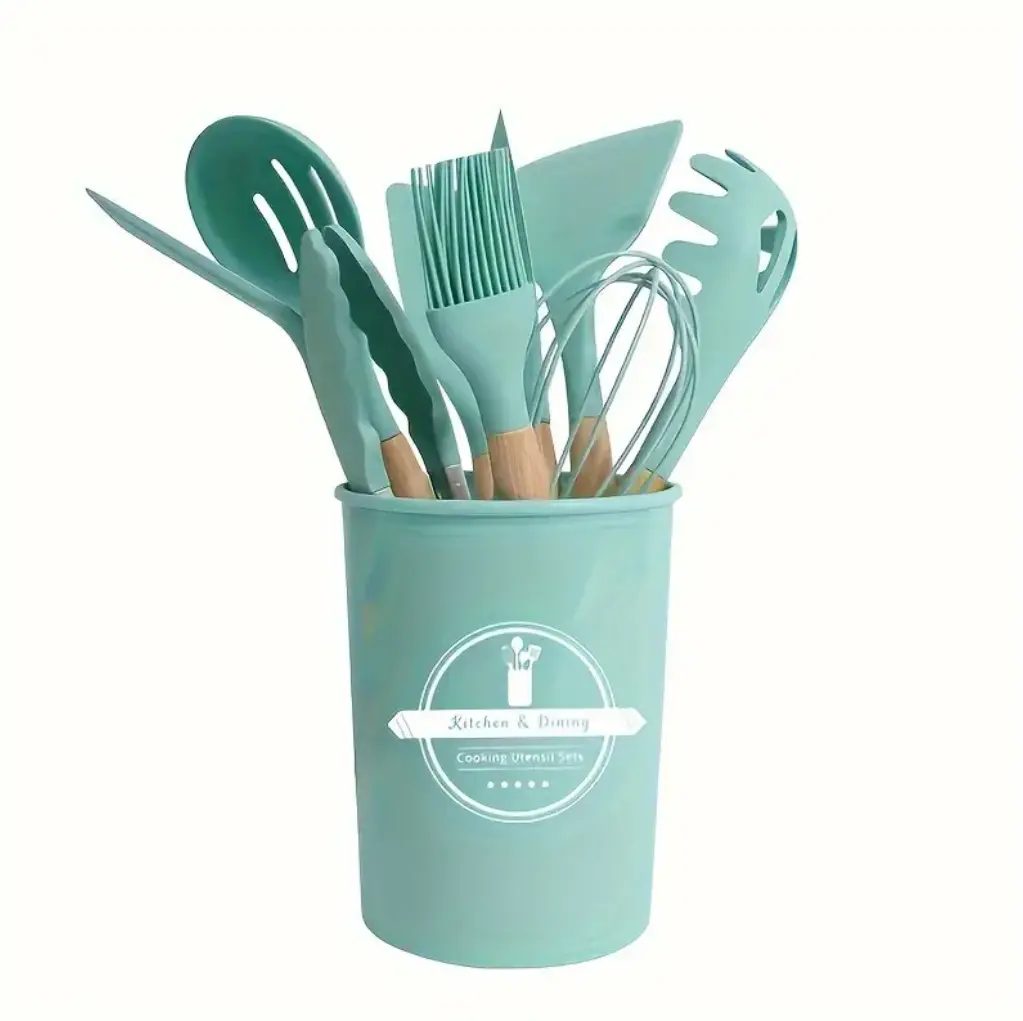 12 Pieces Silicone Kitchen Utensil Set, Wooden Handles, Durable, Heat-Resistant, for Cooking and Baking, Kitchen Supplies, Girly Kitchenware Black