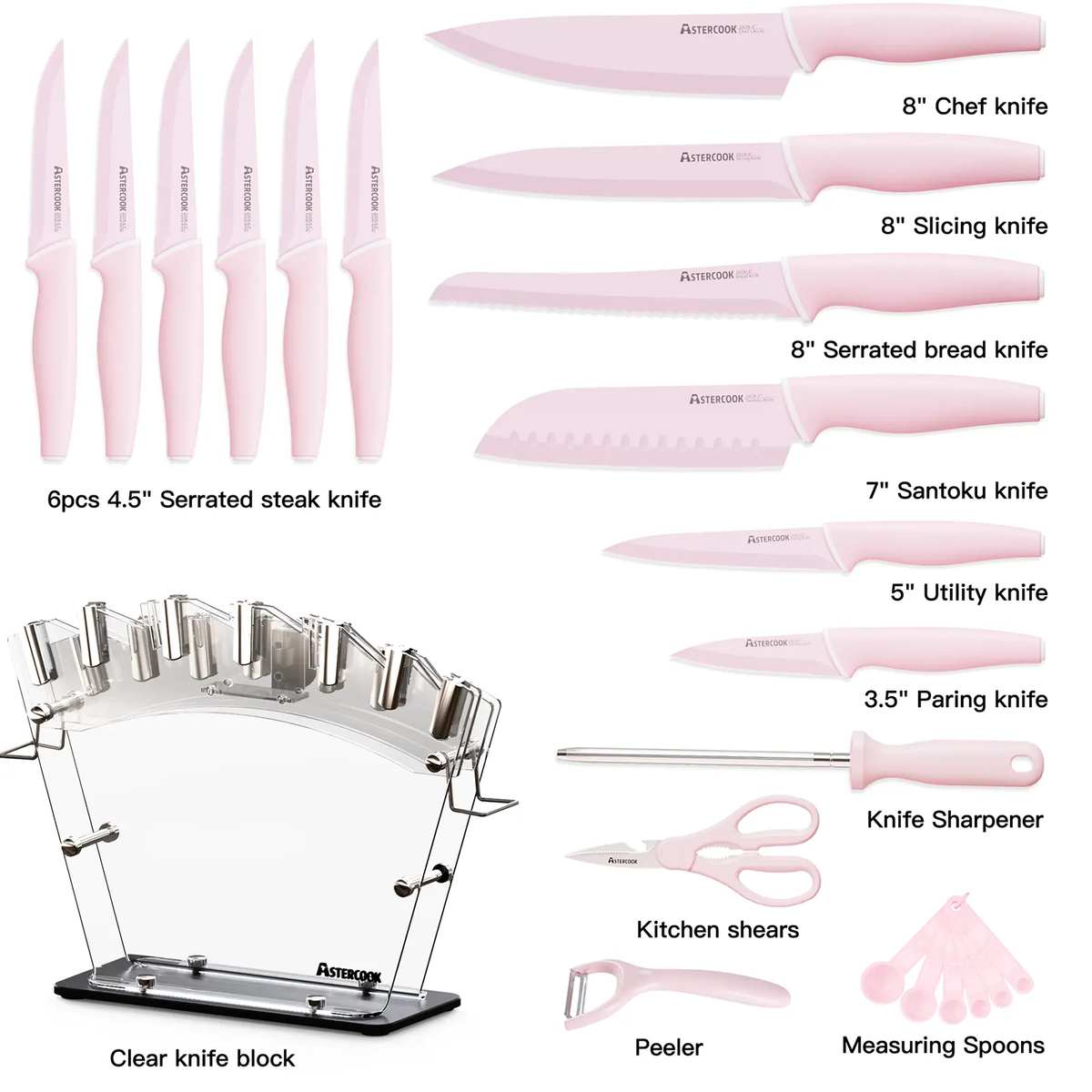 Chef Knife Full Set 16 Pcs- Stand & Measuring Cups Included - Highcarbon Stainless Steel Sharp Serrated Steak Knives, Scissor Knives Block Perfect Balance for Precision Cutting & Slicing