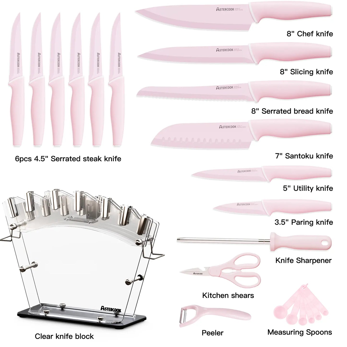 Chef Knife Full Set 16 Pcs- Stand & Measuring Cups Included - Highcarbon Stainless Steel Sharp Serrated Steak Knives, Scissor Knives Block Perfect Balance for Precision Cutting & Slicing