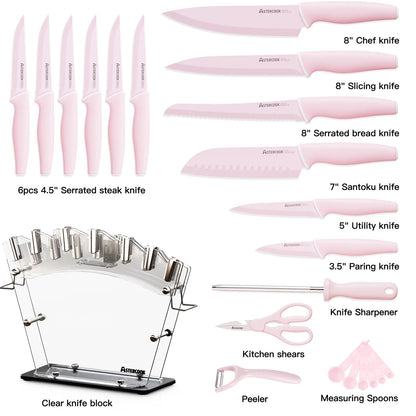 Chef Knife Full Set 16 Pcs- Stand & Measuring Cups Included - Highcarbon Stainless Steel Sharp Serrated Steak Knives, Scissor Knives Block Perfect Balance for Precision Cutting & Slicing