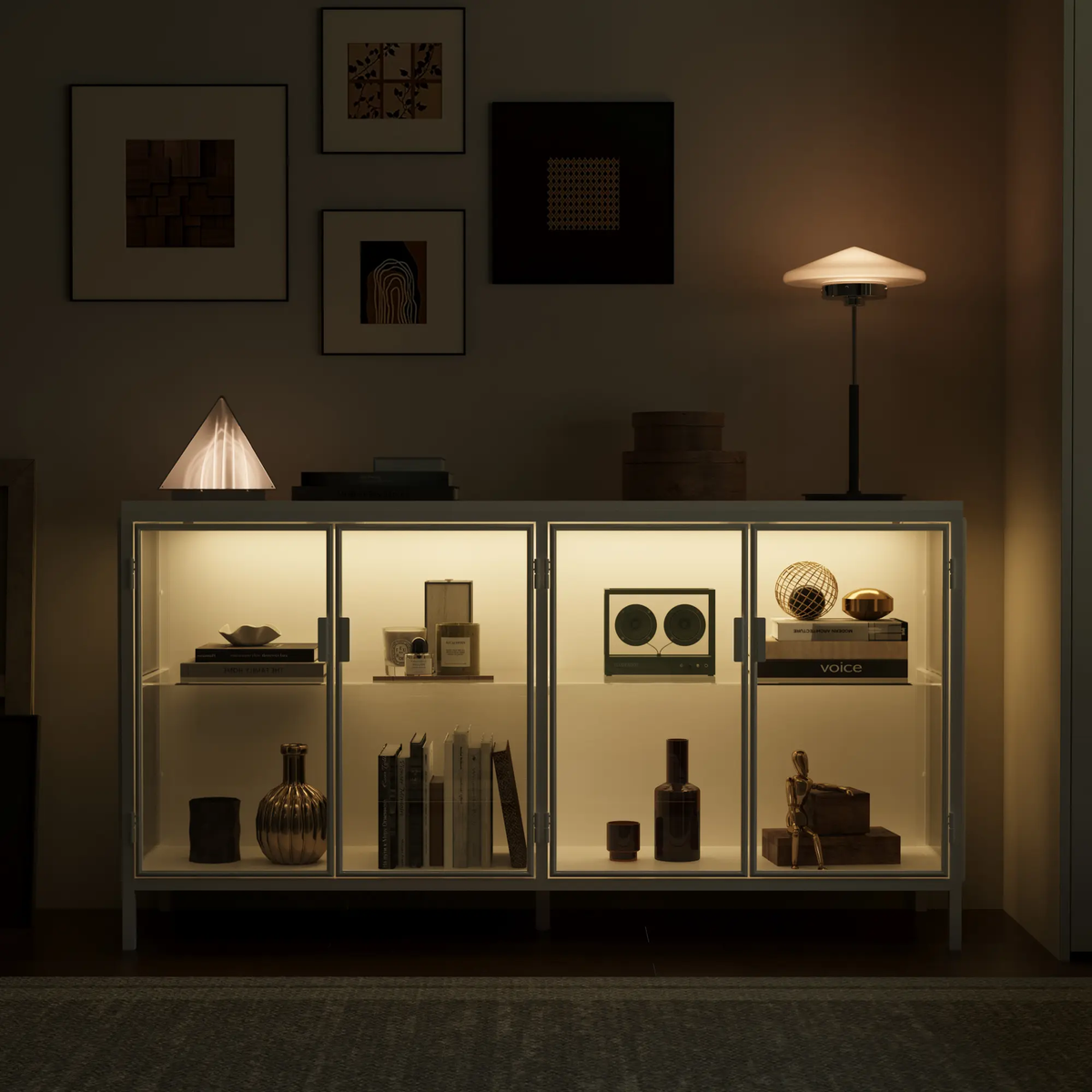 FUFU&GAGA Storage Cabinet with 3-Color LED Lights Glass Shelves & 4 Compartments Modern Display Cabinet for Living Room Dining Room Solid Metal Legs Adjustable Lighting
