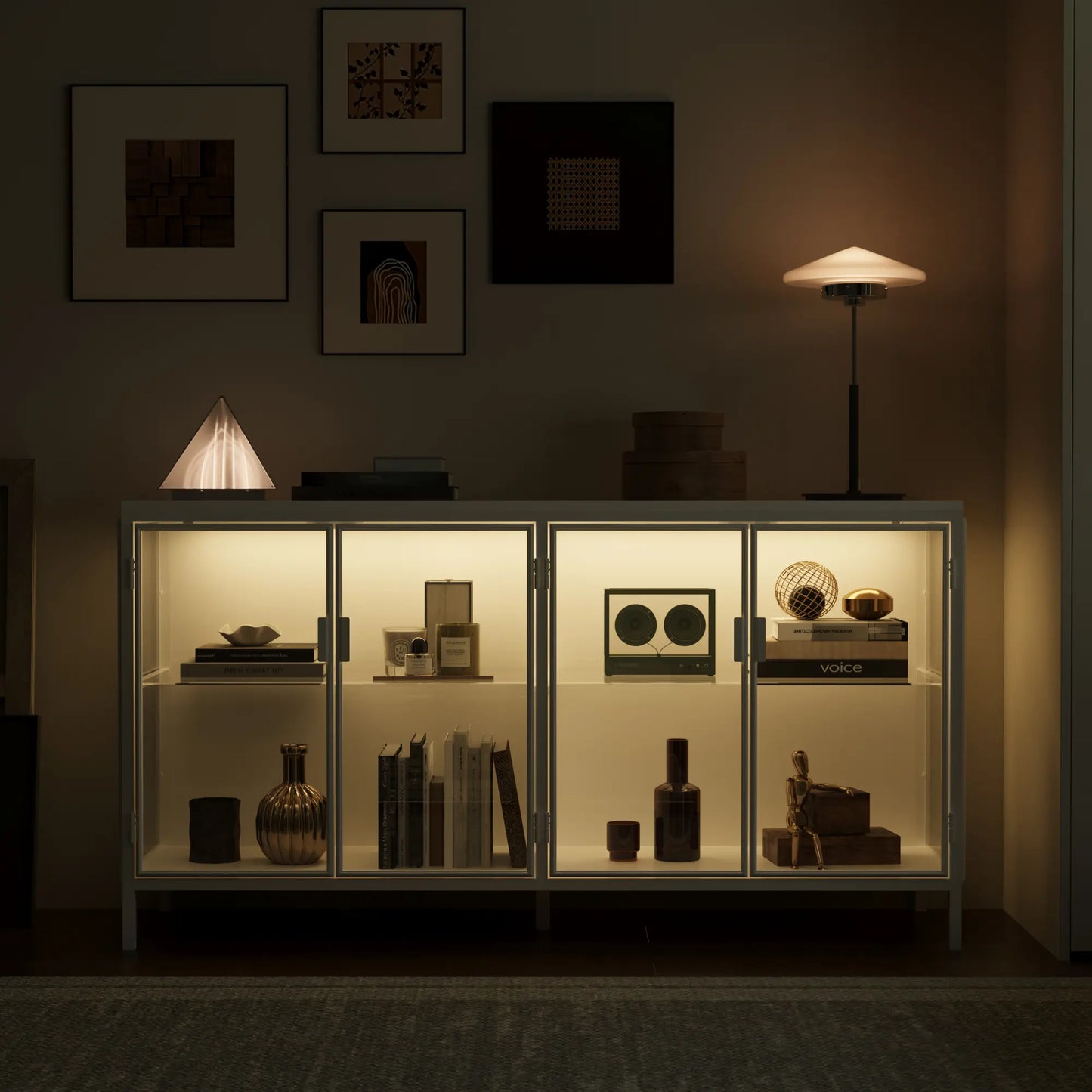 FUFU&GAGA Storage Cabinet with 3-Color LED Lights Glass Shelves & 4 Compartments Modern Display Cabinet for Living Room Dining Room Solid Metal Legs Adjustable Lighting