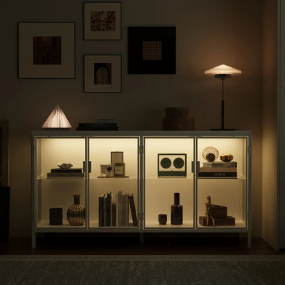 FUFU&GAGA Storage Cabinet with 3-Color LED Lights Glass Shelves & 4 Compartments Modern Display Cabinet for Living Room Dining Room Solid Metal Legs Adjustable Lighting