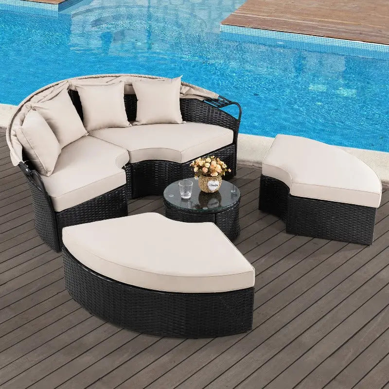 Walsunny Outdoor round Daybed with Retractable Canopy Wicker Rattan Separated Seating Sectional Sofa for Lawn Garden Backyard Porch Patio Furniture 