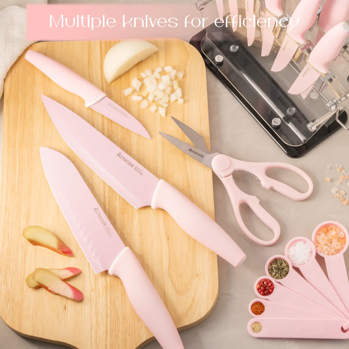 Chef Knife Full Set 16 Pcs- Stand & Measuring Cups Included - Highcarbon Stainless Steel Sharp Serrated Steak Knives, Scissor Knives Block Perfect Balance for Precision Cutting & Slicing