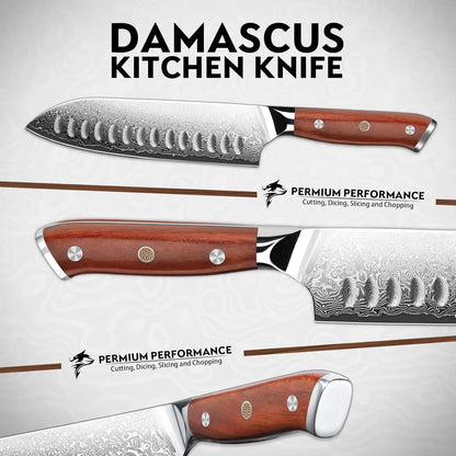 Purple Dragon Damascus Santoku Knife 7 Inch, VG10 Steel Japanese Chef Knife for Kitchen Cooking Meat Cleaver, Cutting Vegetables and Fruit, Gift Box