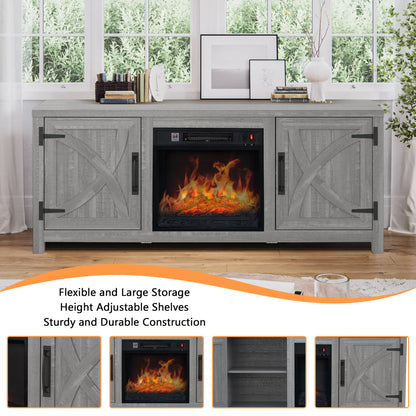 58" Farmhouse TV Stand with 18" Insert Electric Fireplace for Living Room Rustic White Brown Grey Finish PARROT UNCLE MDF Laminate Construction Modern Appeal Christmas Halloween