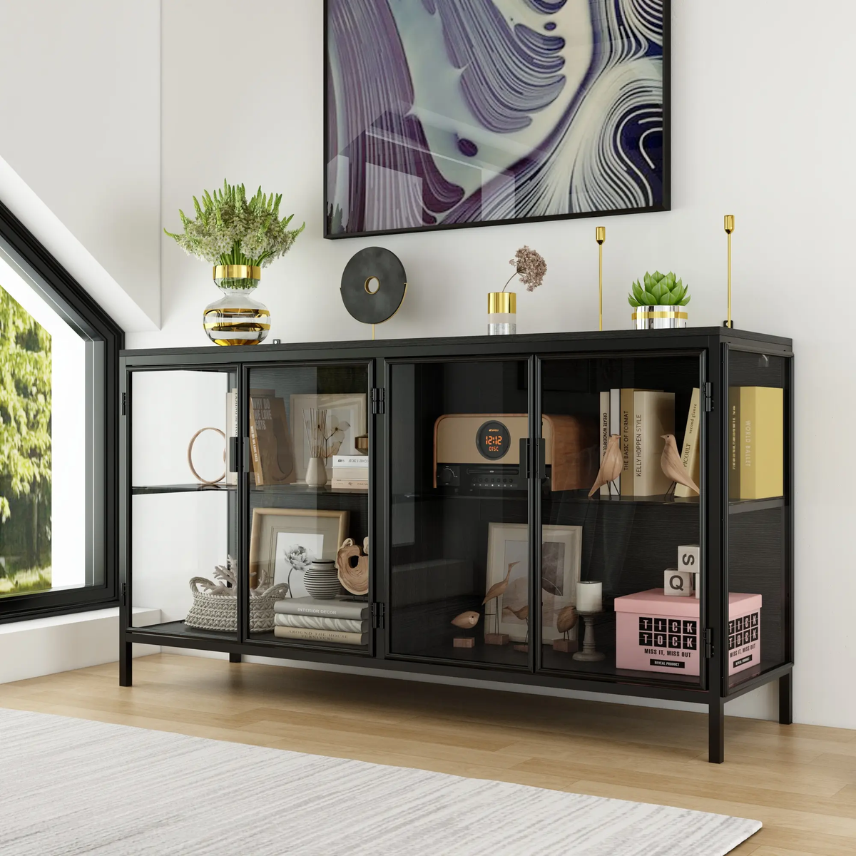 FUFU&GAGA Storage Cabinet with 3-Color LED Lights Glass Shelves & 4 Compartments Modern Display Cabinet for Living Room Dining Room Solid Metal Legs Adjustable Lighting