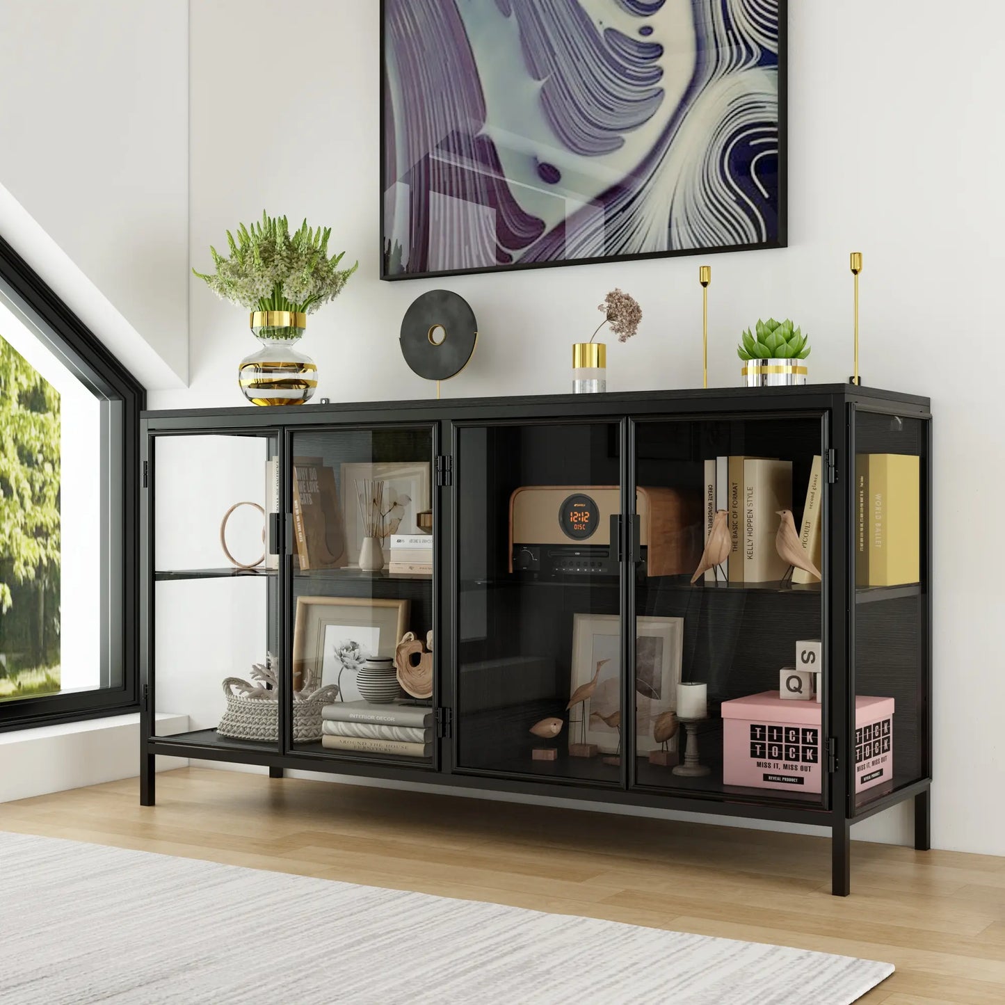 FUFU&GAGA Storage Cabinet with 3-Color LED Lights Glass Shelves & 4 Compartments Modern Display Cabinet for Living Room Dining Room Solid Metal Legs Adjustable Lighting