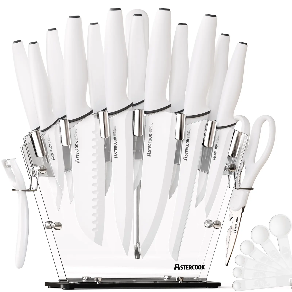 Chef Knife Full Set 16 Pcs- Stand & Measuring Cups Included - Highcarbon Stainless Steel Sharp Serrated Steak Knives, Scissor Knives Block Perfect Balance for Precision Cutting & Slicing