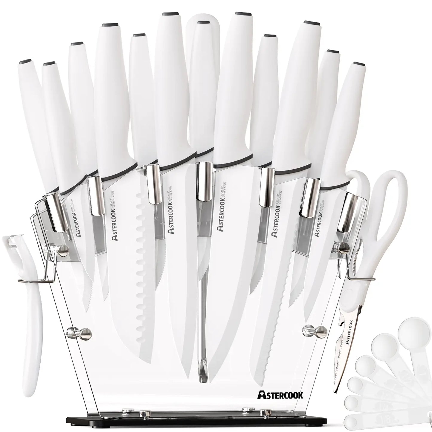 Chef Knife Full Set 16 Pcs- Stand & Measuring Cups Included - Highcarbon Stainless Steel Sharp Serrated Steak Knives, Scissor Knives Block Perfect Balance for Precision Cutting & Slicing