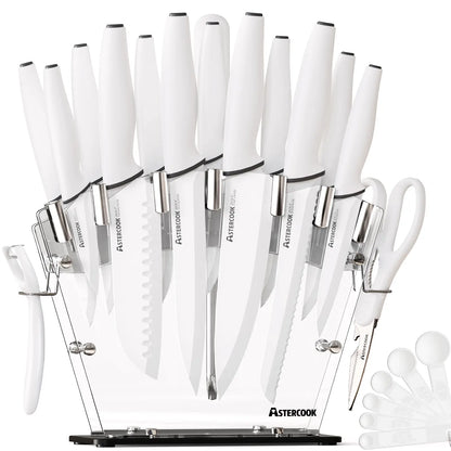 Chef Knife Full Set 16 Pcs- Stand & Measuring Cups Included - Highcarbon Stainless Steel Sharp Serrated Steak Knives, Scissor Knives Block Perfect Balance for Precision Cutting & Slicing