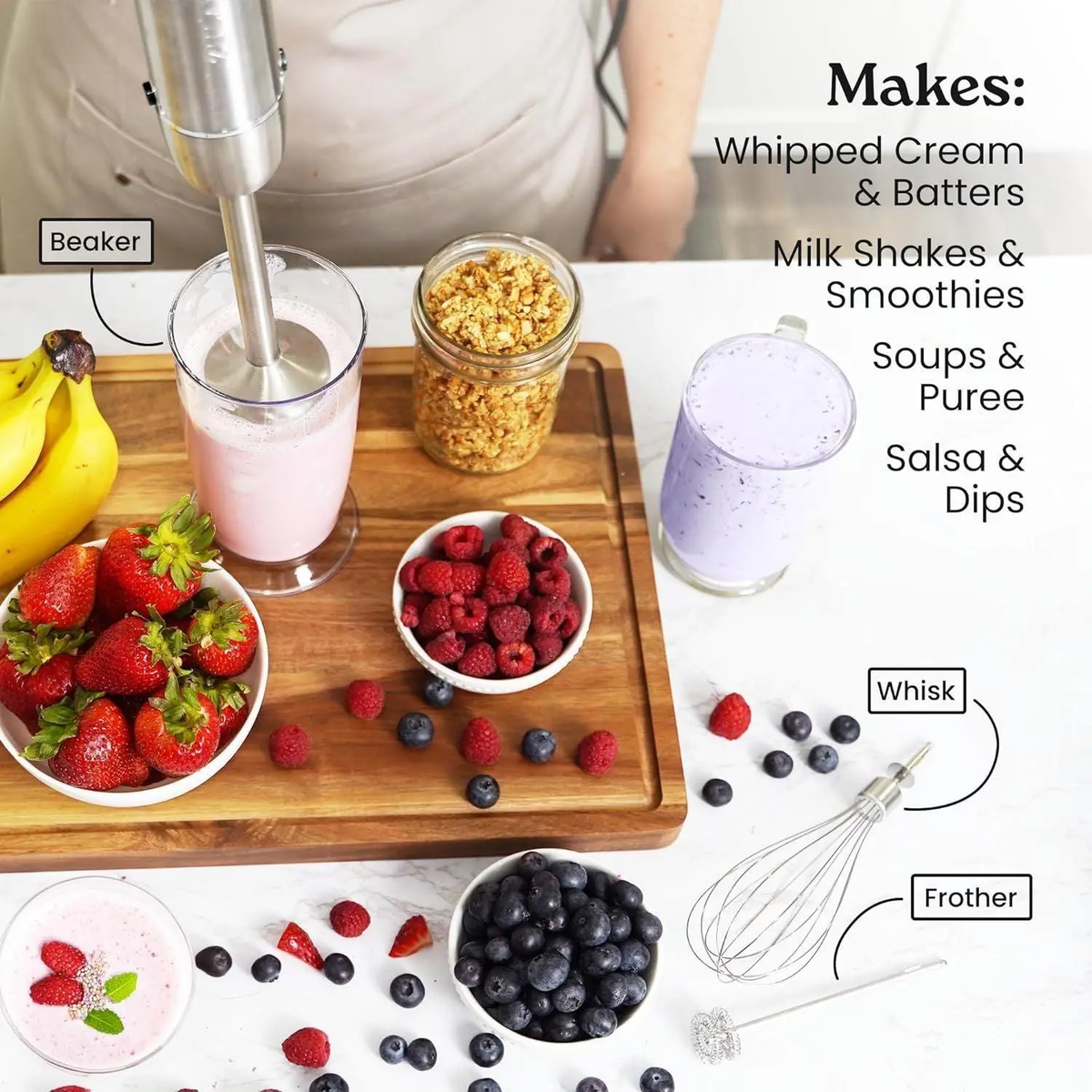 3-In-1 Immersion Blender Handheld - Powerful 800 Watt 12 Speed Emulsion Mixer Stainless Steel Anti Rust  Blending, Crushing, and Pureeing