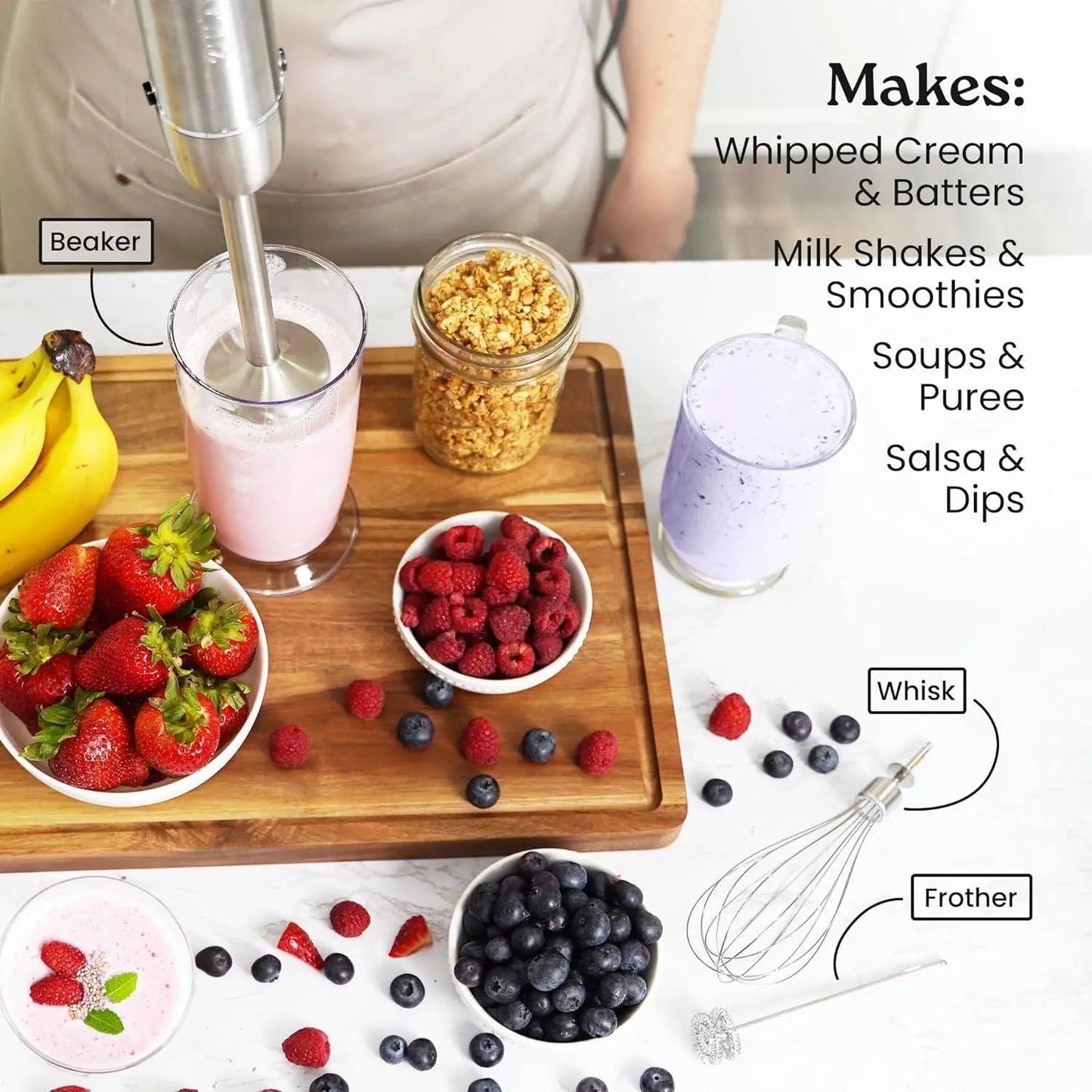 3-In-1 Immersion Blender Handheld - Powerful 800 Watt 12 Speed Emulsion Mixer Stainless Steel Anti Rust  Blending, Crushing, and Pureeing
