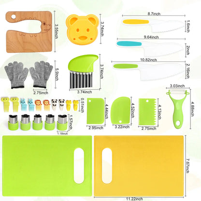 28PCS Toddler Knife Set - Kids Knifes for Real Cooking, Montessori Kids Kitchen Knife Set with Cutting Board Crinkle Cutters Kid Safe Knives, Toddlers Kitchen Tools for Girl Boy