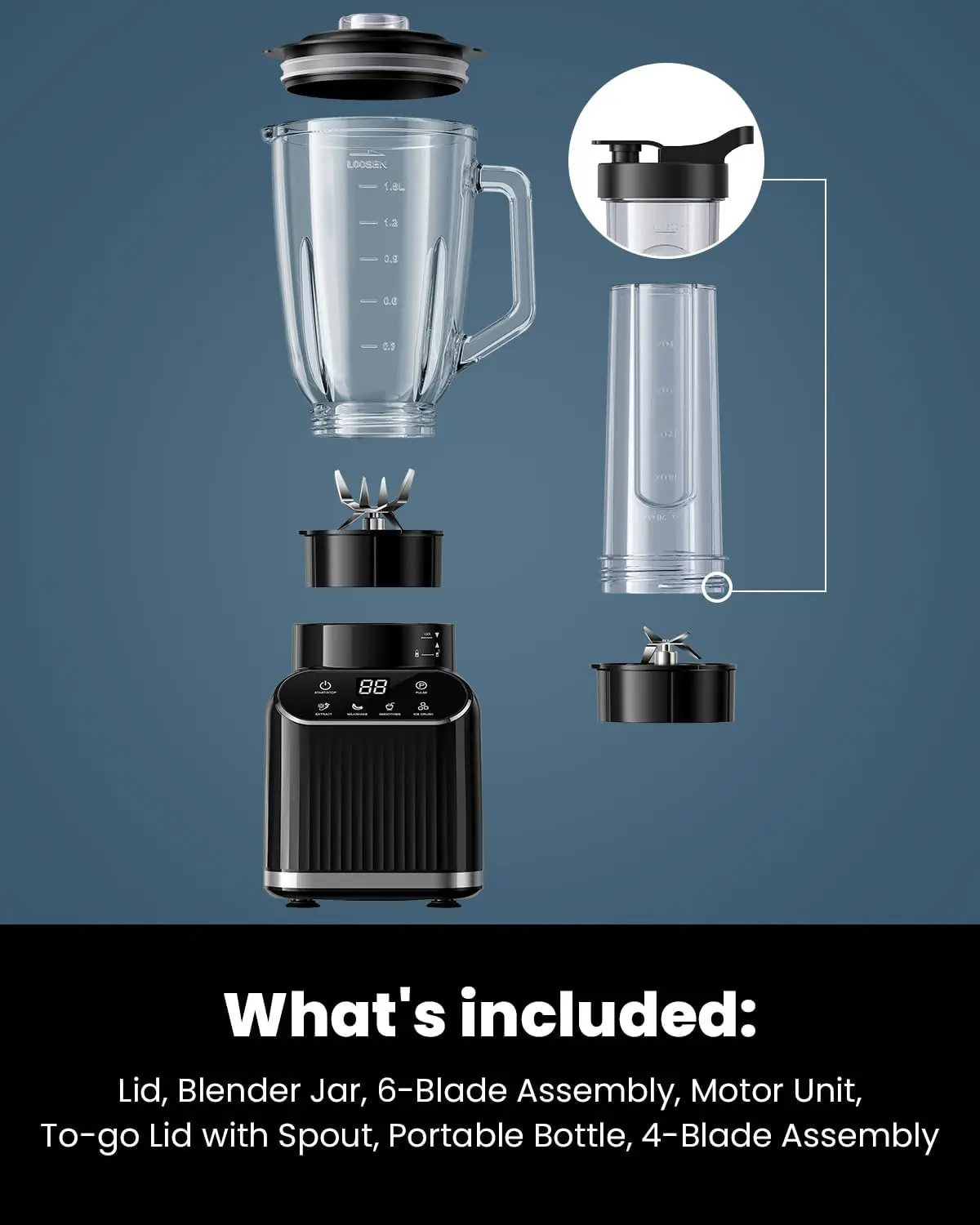 Professional Blender for Kitchen, 1200 Peak Watts Smoothie Blender, 5 Functions for Ice Crushing & Frozen Fruit, 52 Oz Glass Jar & 24 Oz To-Go Cup Combo, Self-Cleaning, Black Summervibes Powerful Juicer Machine Home Multifunction Juicer