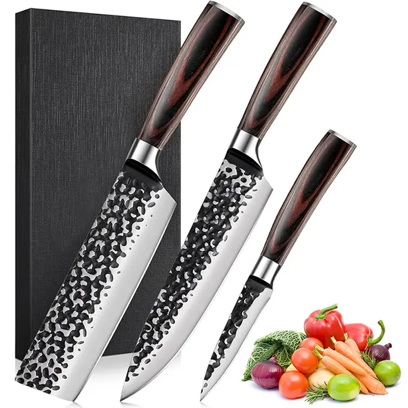 3PCS Professional Kitchen Knife Set Forged Hammered Japanese Chef Knife Sharp German High Carbon Stainless Steel 8 Inch Chef'S Knife 7 Inch Nakiri Knife 5 Inch Utility Knife