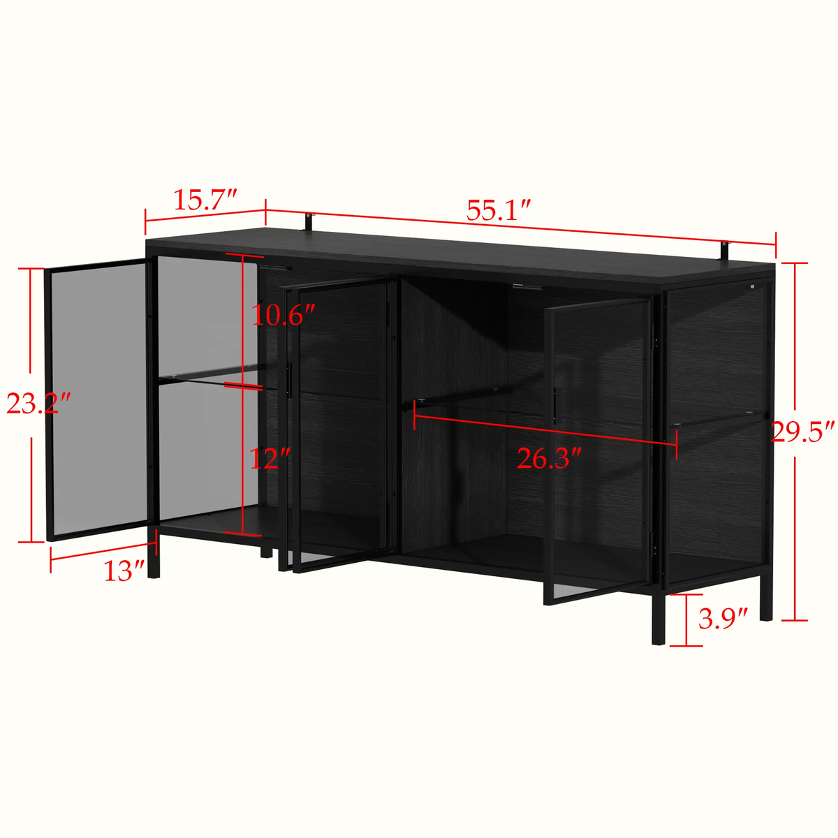 FUFU&GAGA Storage Cabinet with 3-Color LED Lights Glass Shelves & 4 Compartments Modern Display Cabinet for Living Room Dining Room Solid Metal Legs Adjustable Lighting