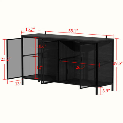 FUFU&GAGA Storage Cabinet with 3-Color LED Lights Glass Shelves & 4 Compartments Modern Display Cabinet for Living Room Dining Room Solid Metal Legs Adjustable Lighting