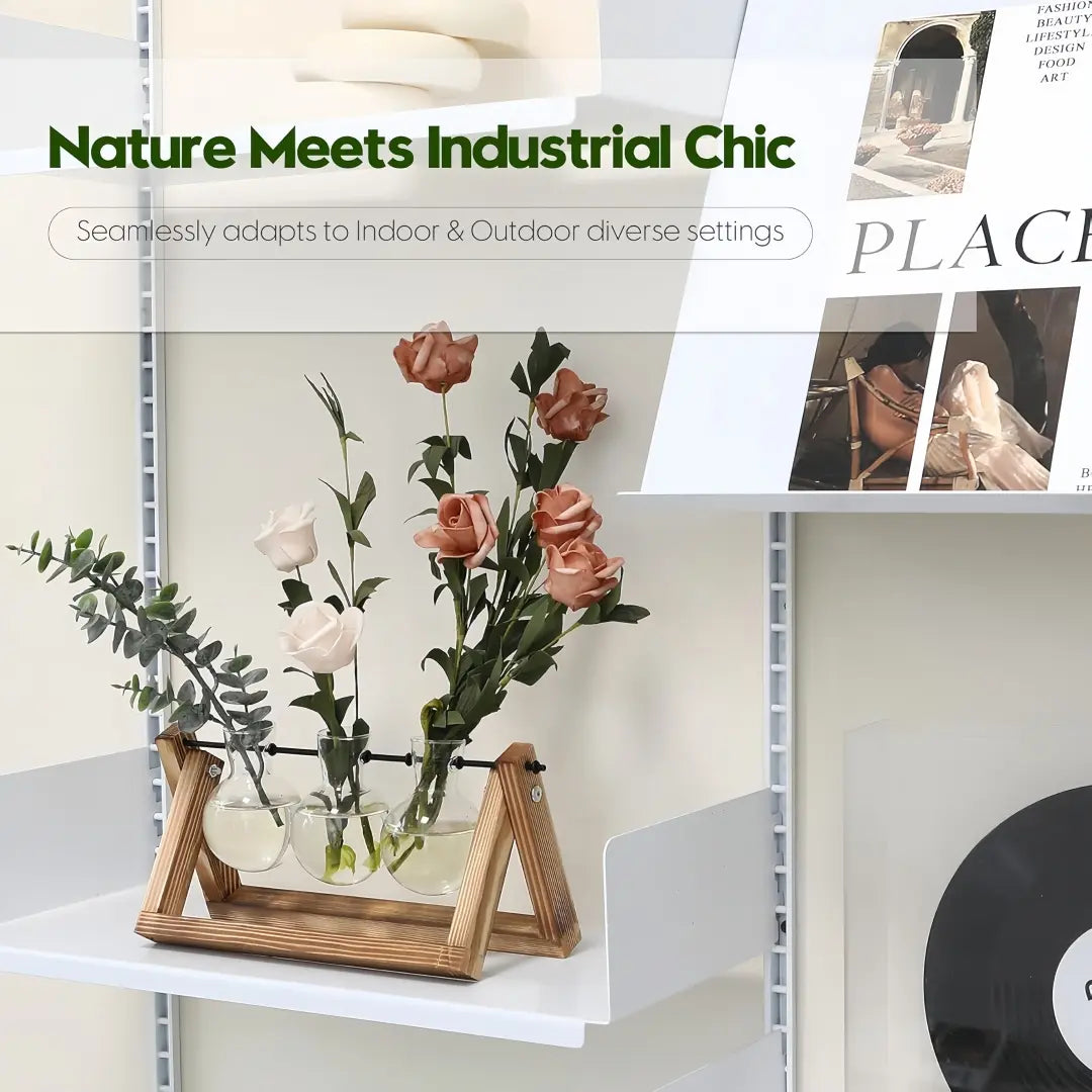 Plant Terrarium with Wooden Stand Air Planter Bulb Glass Vase Metal Swivel Holder Retro Tabletop for Hydroponics Home Garden Office Decoration - 3 Bulb Vase Plant Lover'S Choice