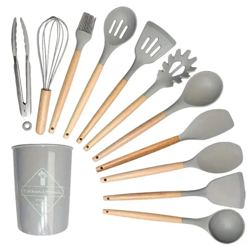 12 Pieces Silicone Kitchen Utensil Set, Wooden Handles, Durable, Heat-Resistant, for Cooking and Baking, Kitchen Supplies, Girly Kitchenware Black