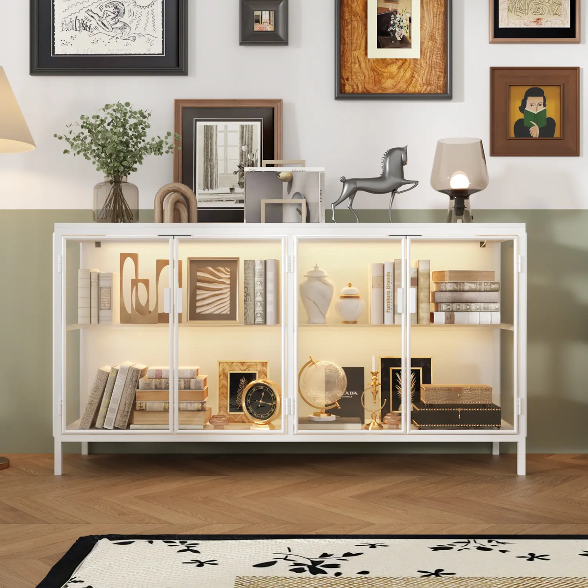 FUFU&GAGA Storage Cabinet with 3-Color LED Lights Glass Shelves & 4 Compartments Modern Display Cabinet for Living Room Dining Room Solid Metal Legs Adjustable Lighting