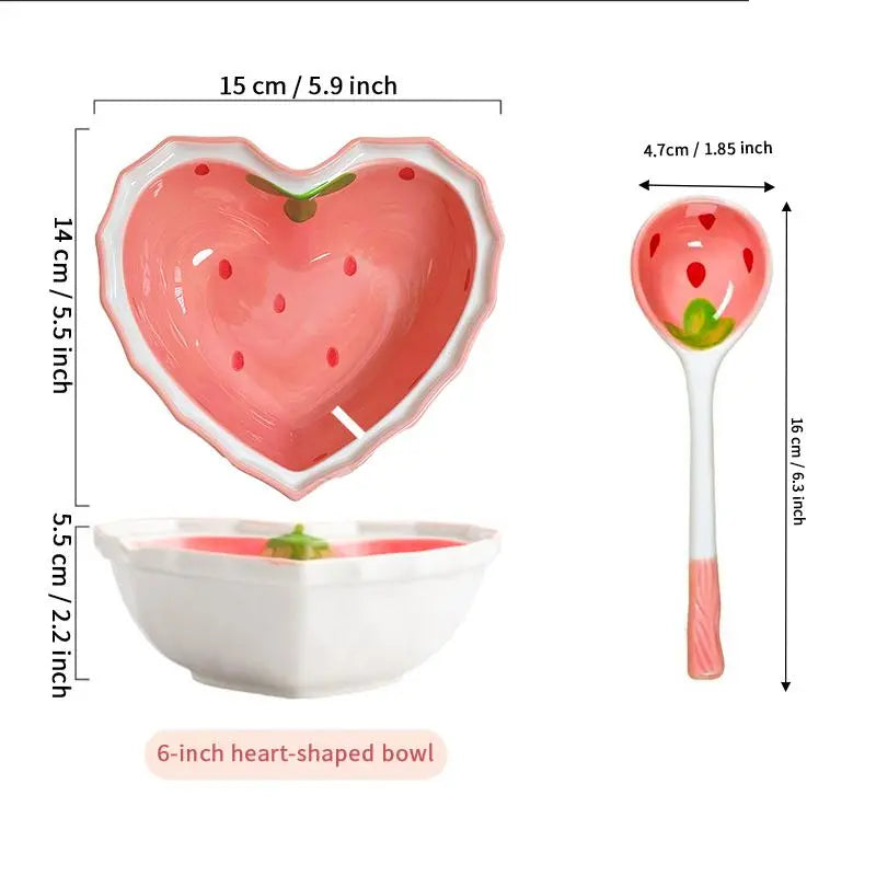 Heart-Shaped Ceramic Bowl with Spoon, Creative Strawberry Pattern Bowl & Spoon, Durable Tableware for Kitchen, Household Dining Plate Set, Ceramic Dish Set, Durable Utensils Tableware