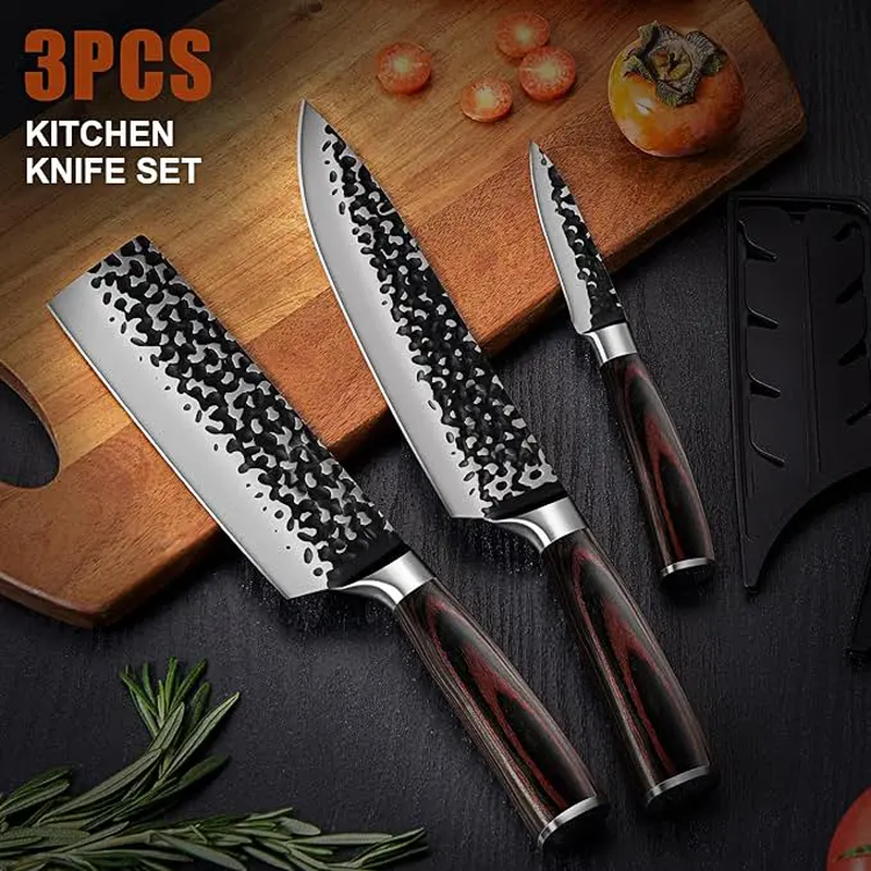 3PCS Professional Kitchen Knife Set Forged Hammered Japanese Chef Knife Sharp German High Carbon Stainless Steel 8 Inch Chef'S Knife 7 Inch Nakiri Knife 5 Inch Utility Knife