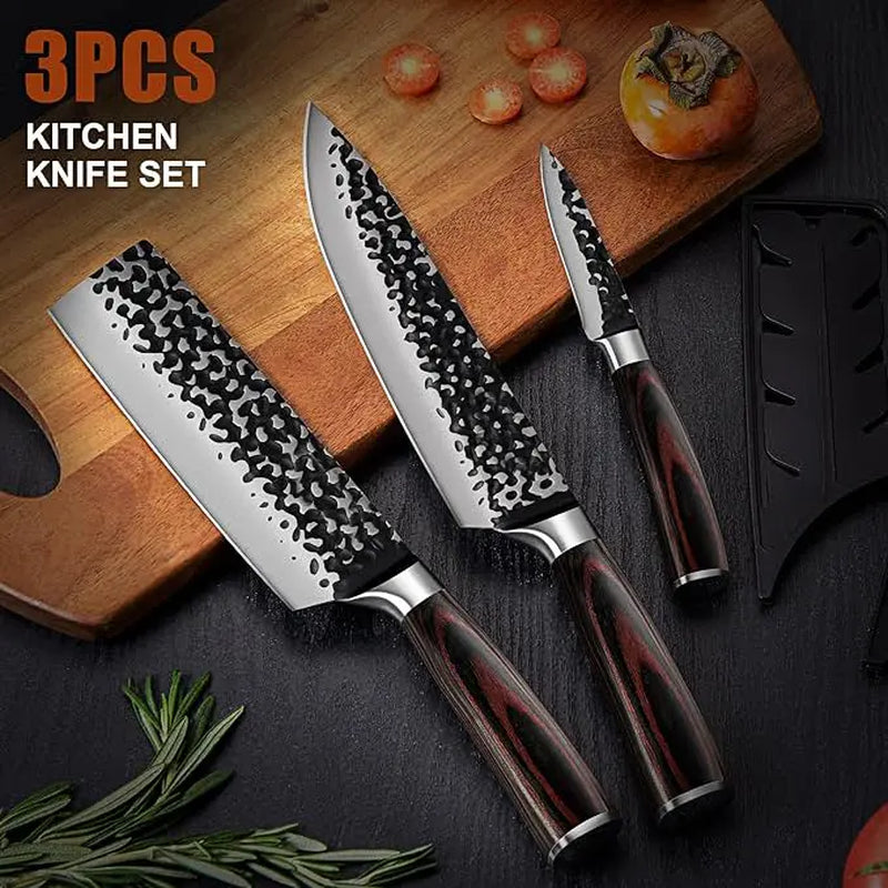 3PCS Professional Kitchen Knife Set Forged Hammered Japanese Chef Knife Sharp German High Carbon Stainless Steel 8 Inch Chef'S Knife 7 Inch Nakiri Knife 5 Inch Utility Knife