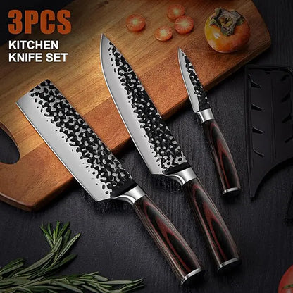 3PCS Professional Kitchen Knife Set Forged Hammered Japanese Chef Knife Sharp German High Carbon Stainless Steel 8 Inch Chef'S Knife 7 Inch Nakiri Knife 5 Inch Utility Knife