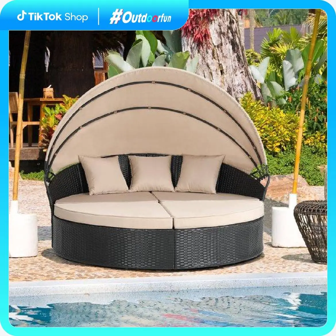Walsunny Outdoor round Daybed with Retractable Canopy Wicker Rattan Separated Seating Sectional Sofa for Lawn Garden Backyard Porch Patio Furniture 