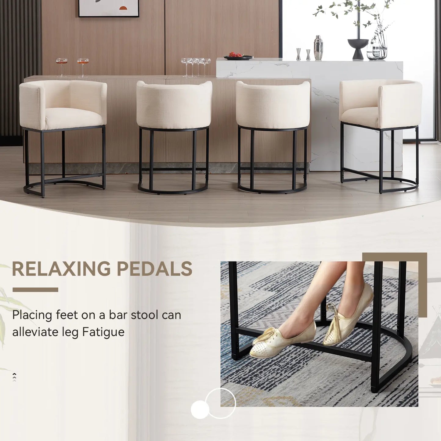  Counter Height Bar Stools, CHAIRUS 24" Modern Barrel Counter Stools with Backrest and Arms, Linen Fabric Bar Chairs with Black Metal Frames and Footrest,Upholstered Accent Bar Stools for Kitchen Island, Dining Room,Cream