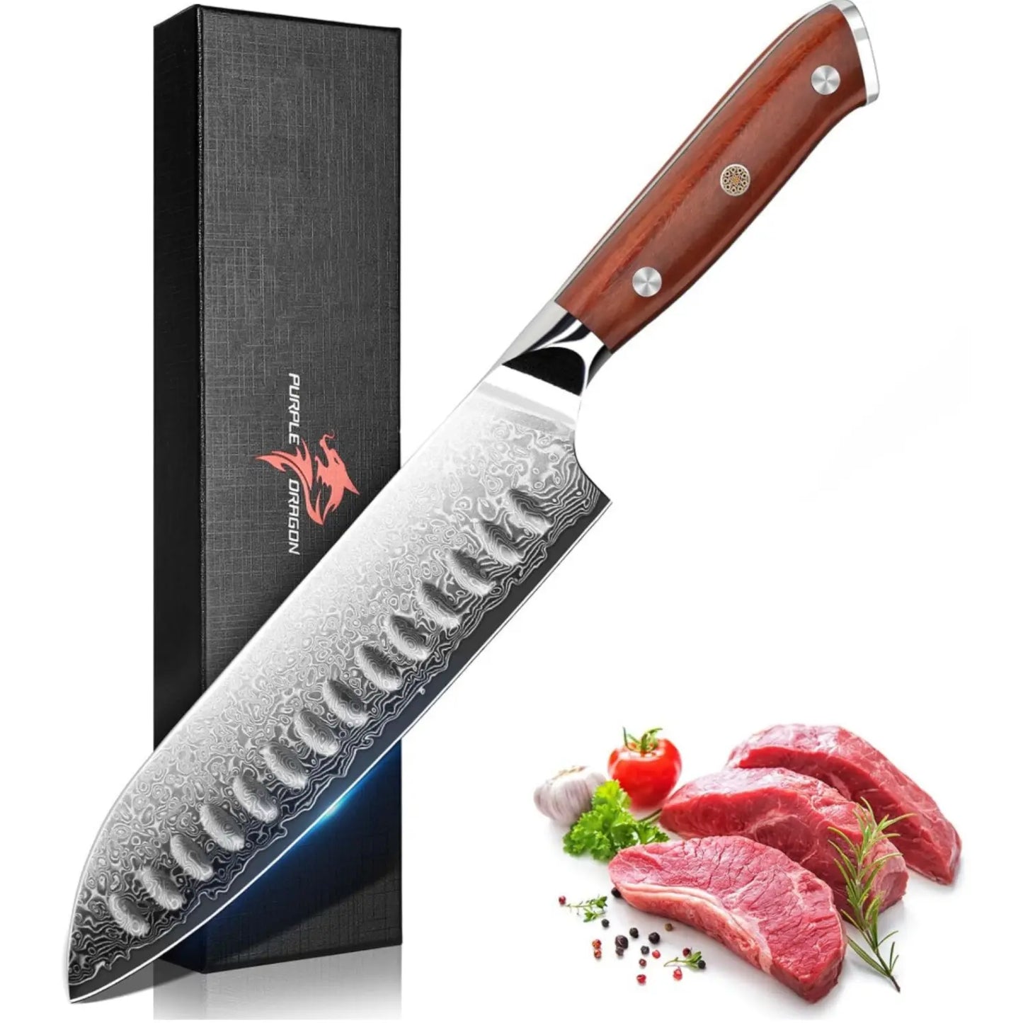 Purple Dragon Damascus Santoku Knife 7 Inch, VG10 Steel Japanese Chef Knife for Kitchen Cooking Meat Cleaver, Cutting Vegetables and Fruit, Gift Box