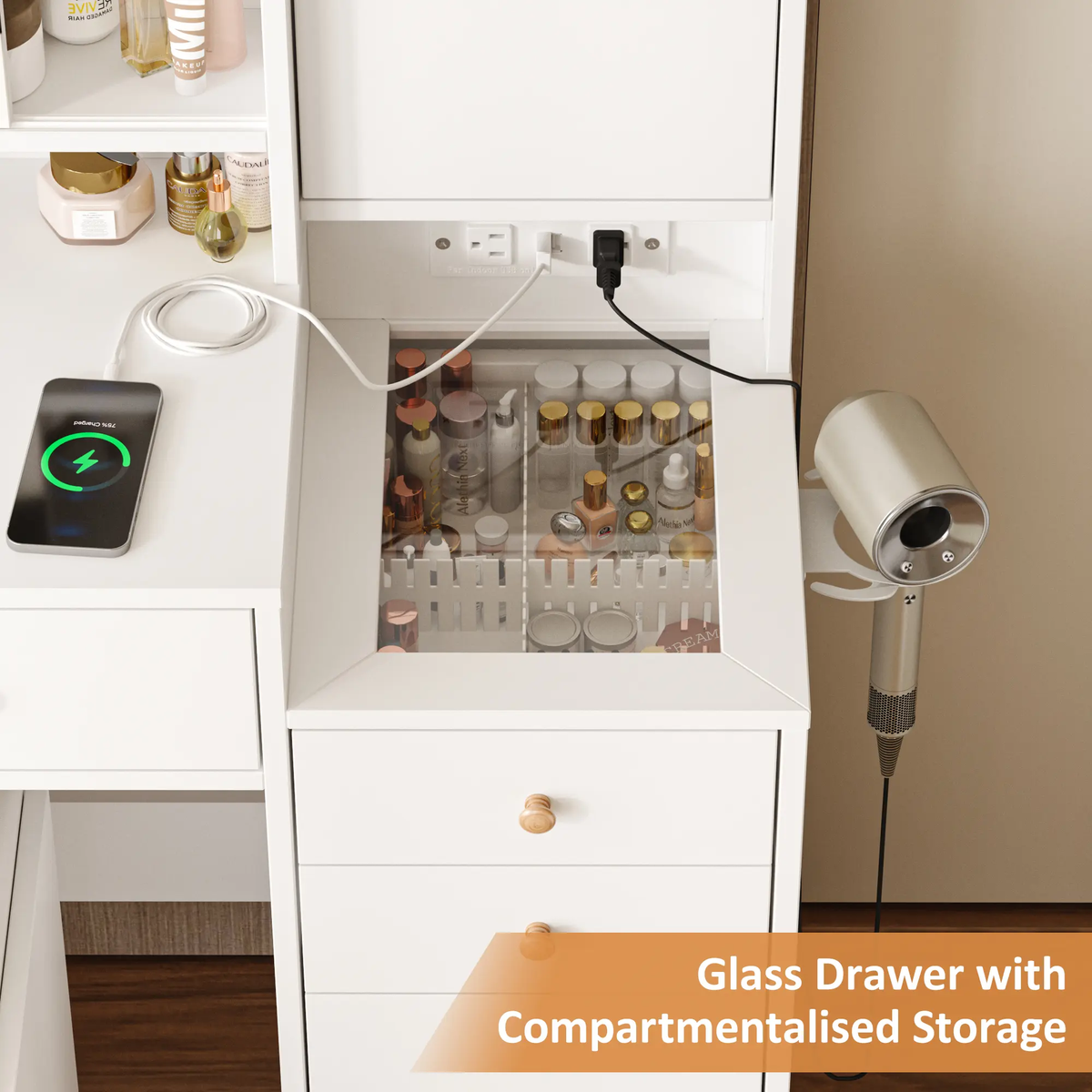 Modern LED Vanity Table with Mirror and Lights, Makeup Vanity Desk with 3 Drawers and Cabinets for Ample Storage by Vabches 