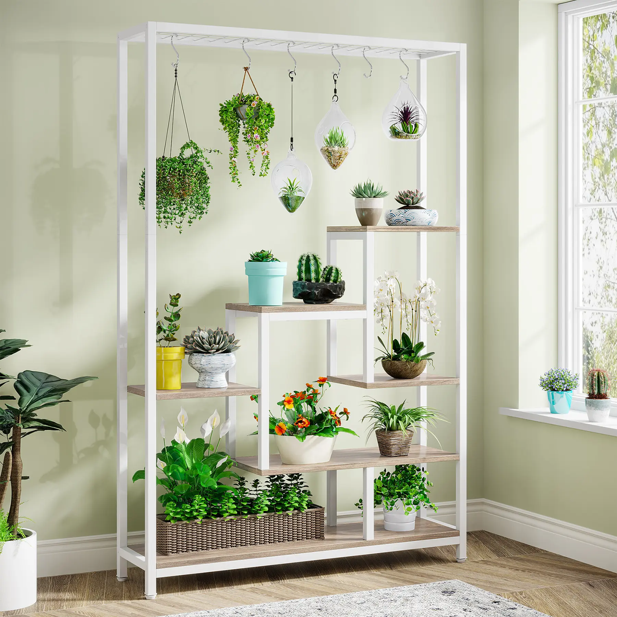 Large 5-Tier Indoor Plant Stand Tall with 10 PCS Hanging Hooks, Organiser, Metal Rack Shelf Decoration by Tribesigns 