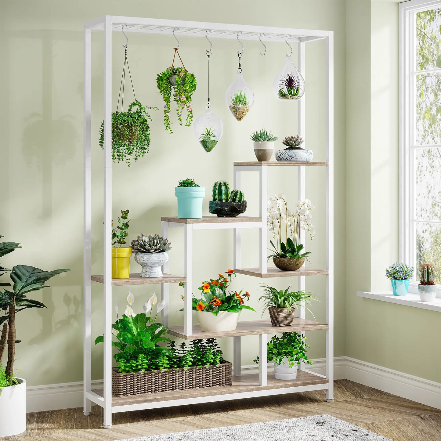 Large 5-Tier Indoor Plant Stand Tall with 10 PCS Hanging Hooks, Organiser, Metal Rack Shelf Decoration by Tribesigns 