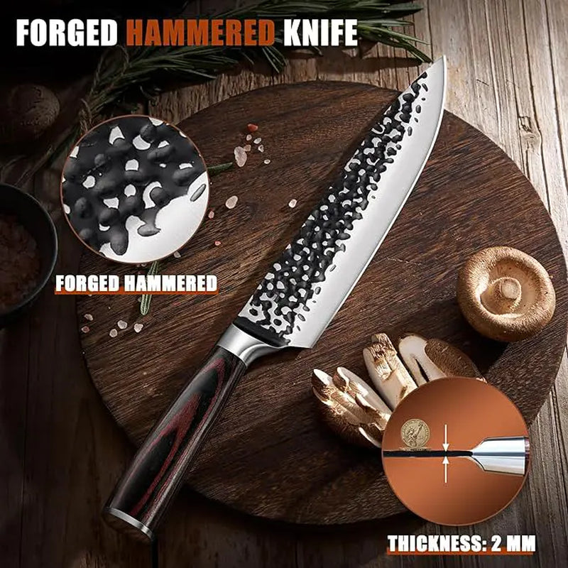 3PCS Professional Kitchen Knife Set Forged Hammered Japanese Chef Knife Sharp German High Carbon Stainless Steel 8 Inch Chef'S Knife 7 Inch Nakiri Knife 5 Inch Utility Knife