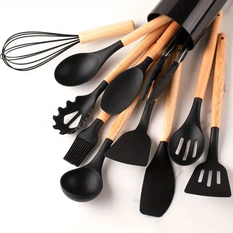 12 Pieces Silicone Kitchen Utensil Set, Wooden Handles, Durable, Heat-Resistant, for Cooking and Baking, Kitchen Supplies, Girly Kitchenware Black