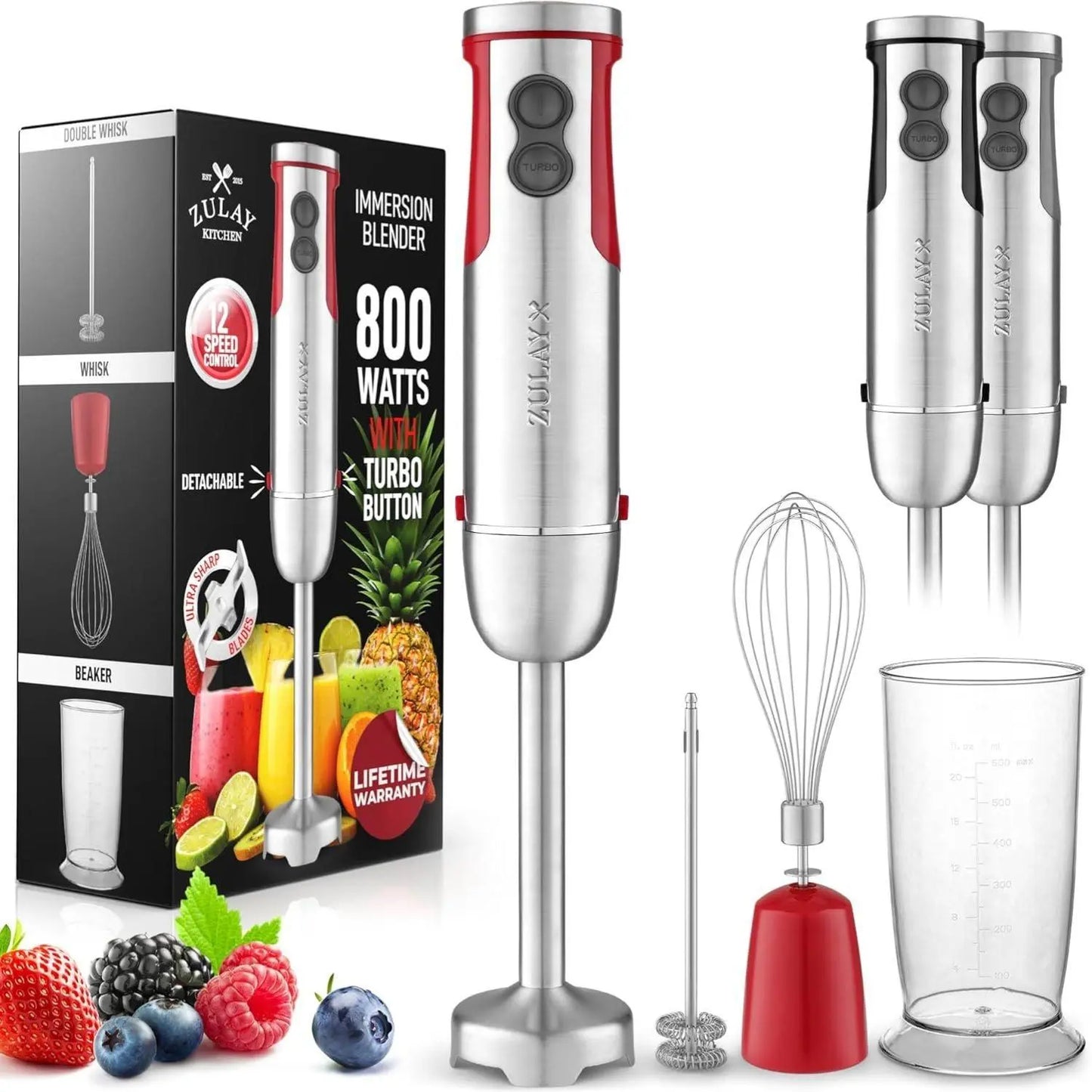 3-In-1 Immersion Blender Handheld - Powerful 800 Watt 12 Speed Emulsion Mixer Stainless Steel Anti Rust  Blending, Crushing, and Pureeing