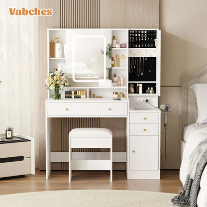 Modern LED Vanity Table with Mirror and Lights, Makeup Vanity Desk with 3 Drawers and Cabinets for Ample Storage by Vabches 